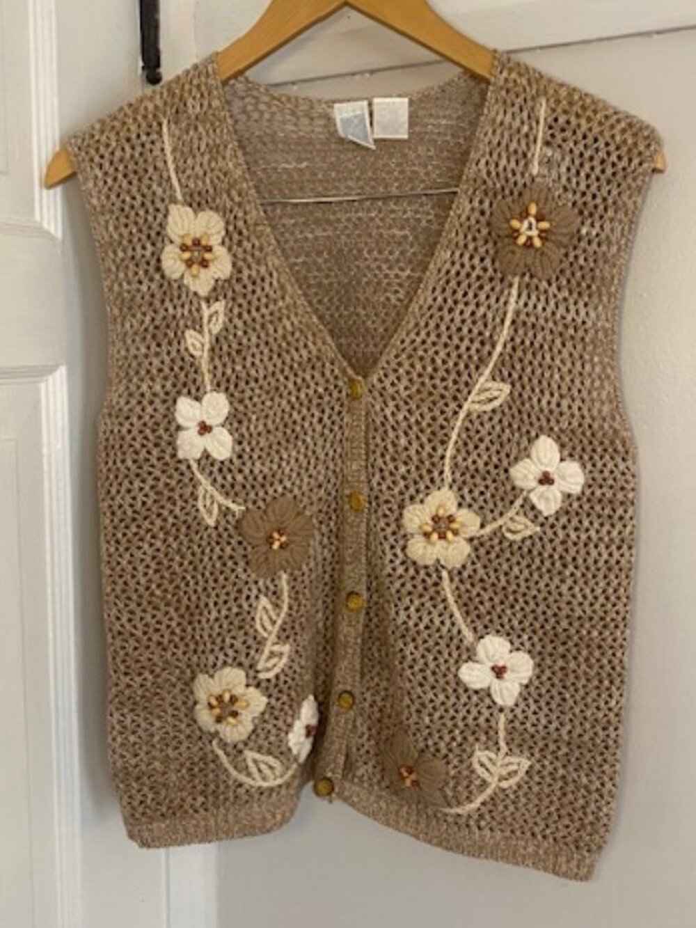 VTG Knit Vest Beaded embroidery Floral Brown Grandmacore Size Small